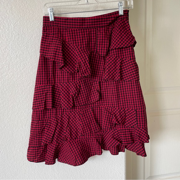 Vero Moda Red Black Gingham Ruffle Skirt Size Large - Picture 3 of 8